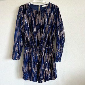 Navy Blue & Gold Velvet Sequin Open Back Long Sleeve Romper